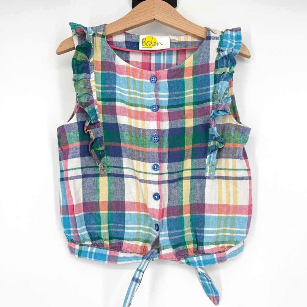 Boden Girl's Ruffle‎ Plaid Tie Front Linen Shirt Top 7-8 Y